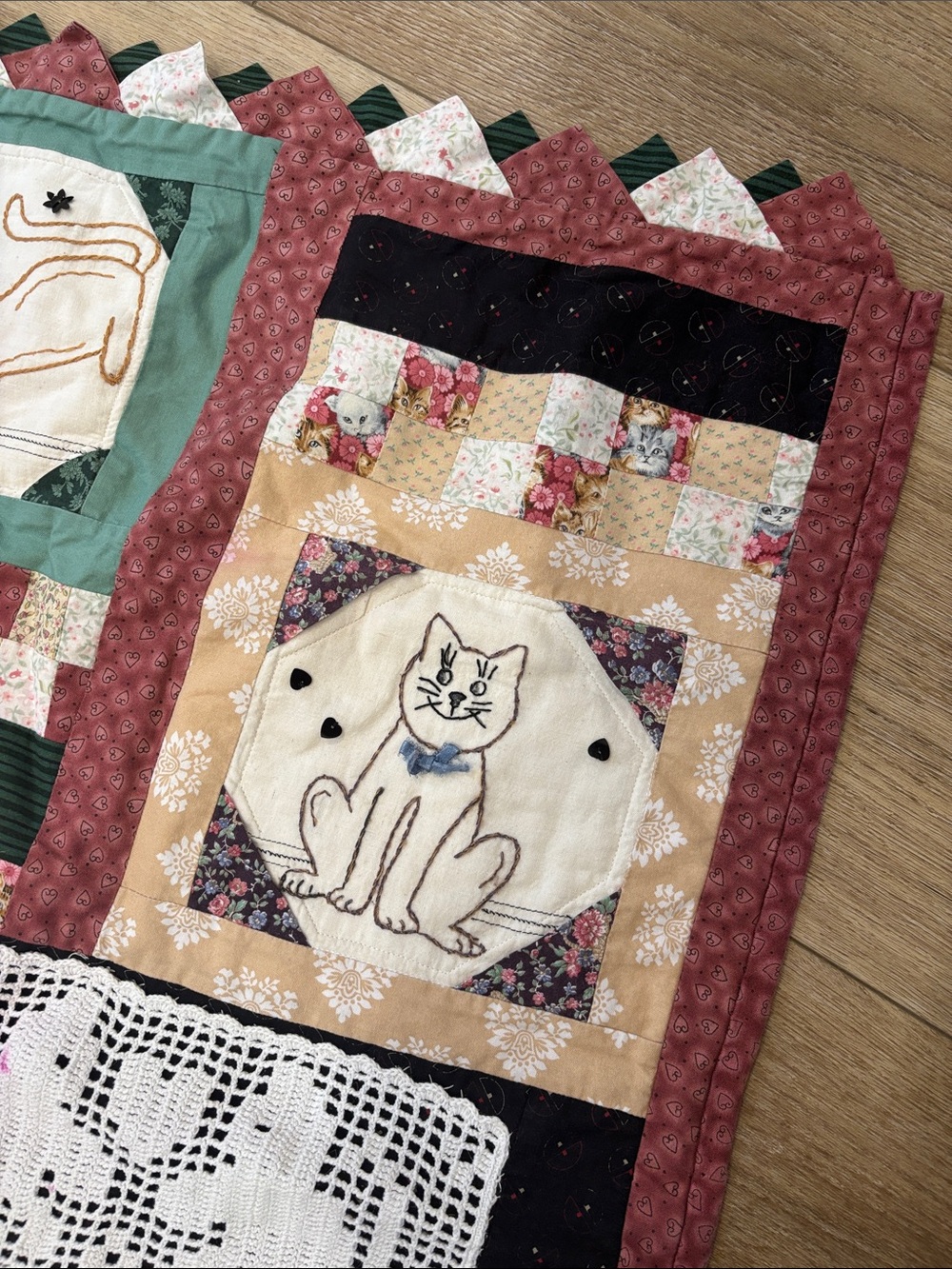 Handcrafted Cat Patchwork Table Runner or blanket in Green, Burgundy, Cream